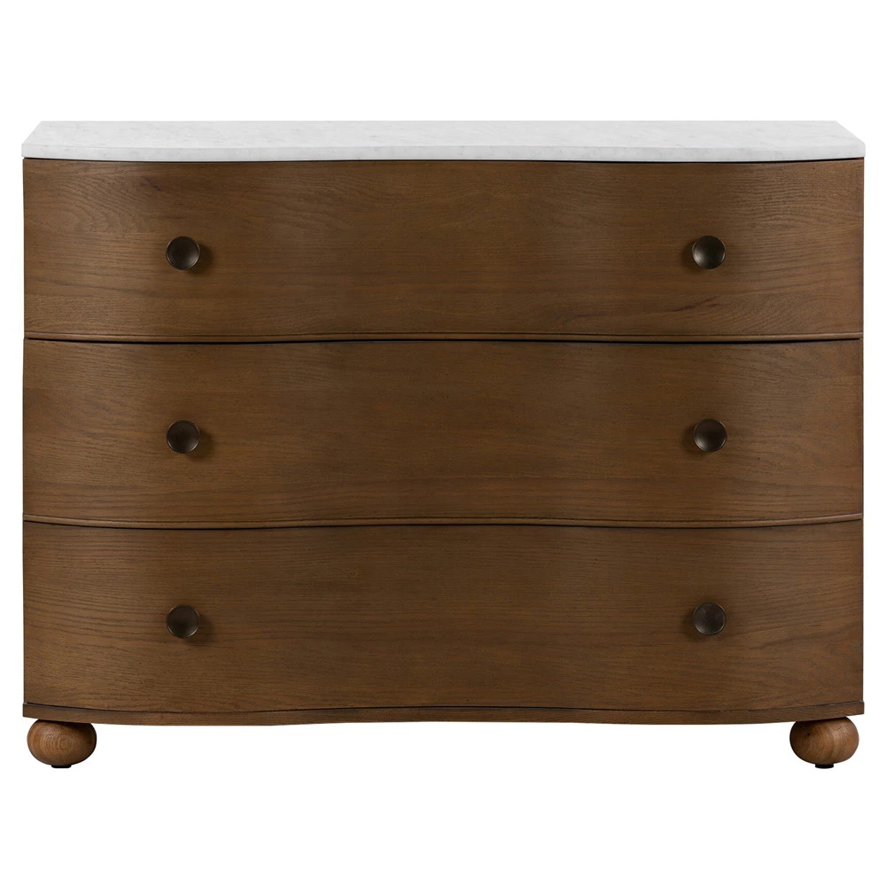 Camilla Updated Traditional White Marble Distressed Brown Oak Chest | Kathy Kuo Home
