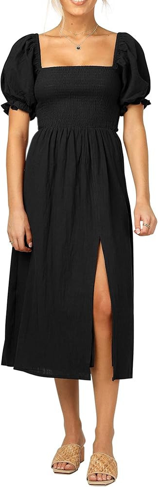 R.Vivimos Summer Dress for Women Cotton Plaid Puff Sleeves Causal Off-Shoulder Boho Side Slit Mid... | Amazon (US)