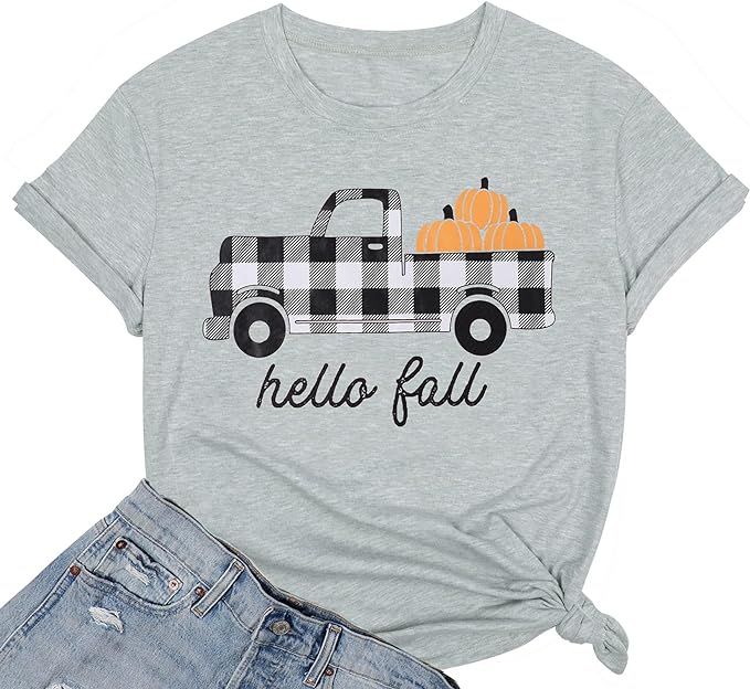 Hello Fall T Shirt Womens Pumpkin Buffalo Plaid Truck Graphic Tee Tops Halloween Short Sleeve Cas... | Amazon (US)