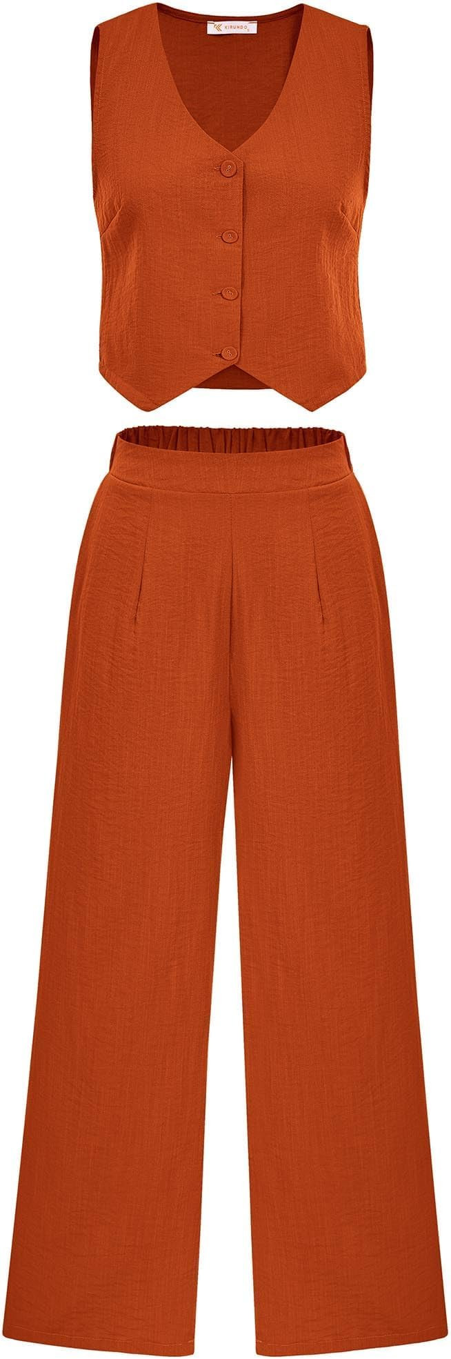 KIRUNDO Vest and Pants Set Women 2 Piece Outfits Sleeveless V Neck Linen Copped Blazer Vest and W... | Amazon (US)