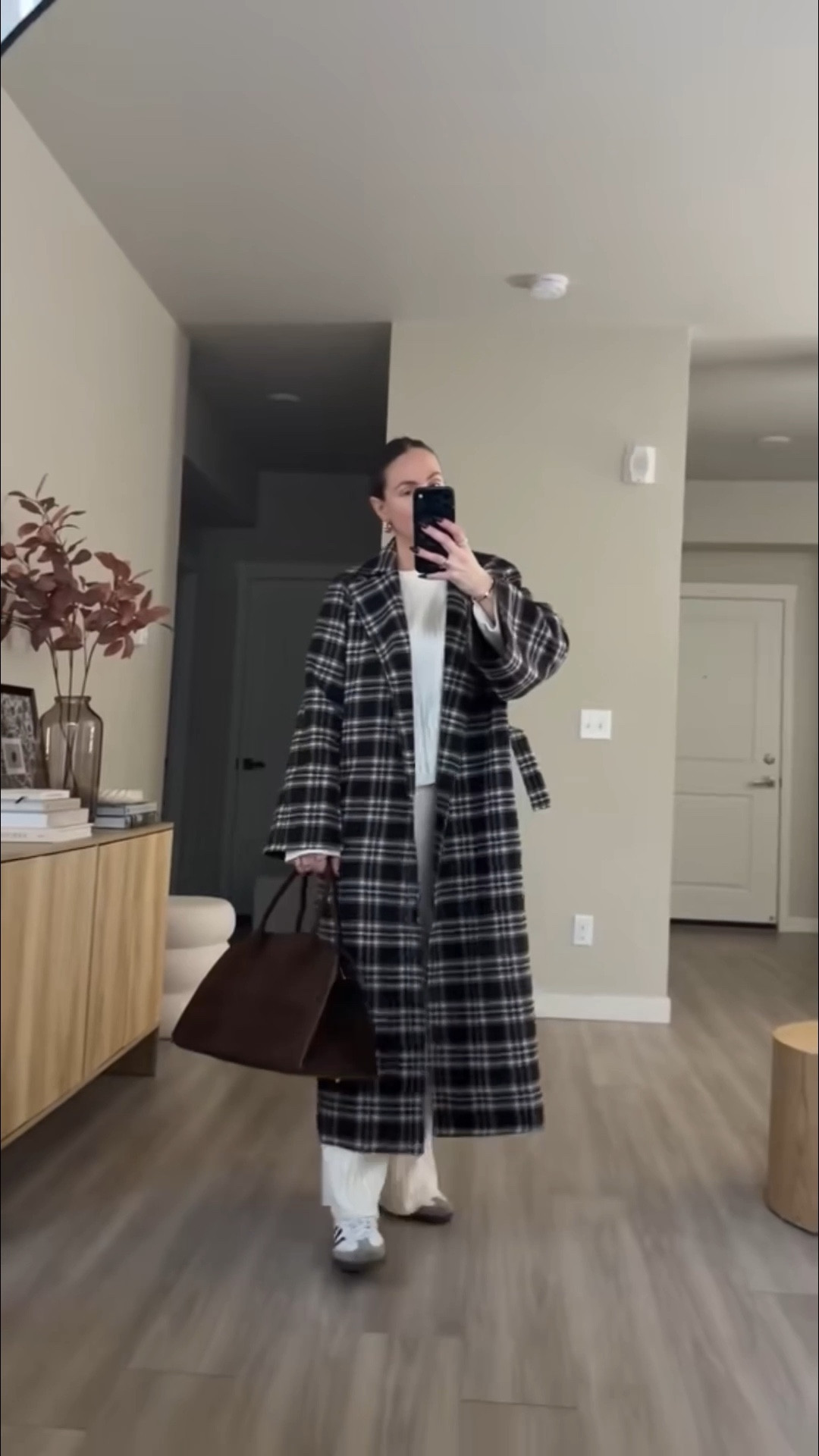 the viral amazon cable knit loungewear set and oversized plaid coat.  i'm 5'7 wearing Small  suede tote bag in coffee color 
