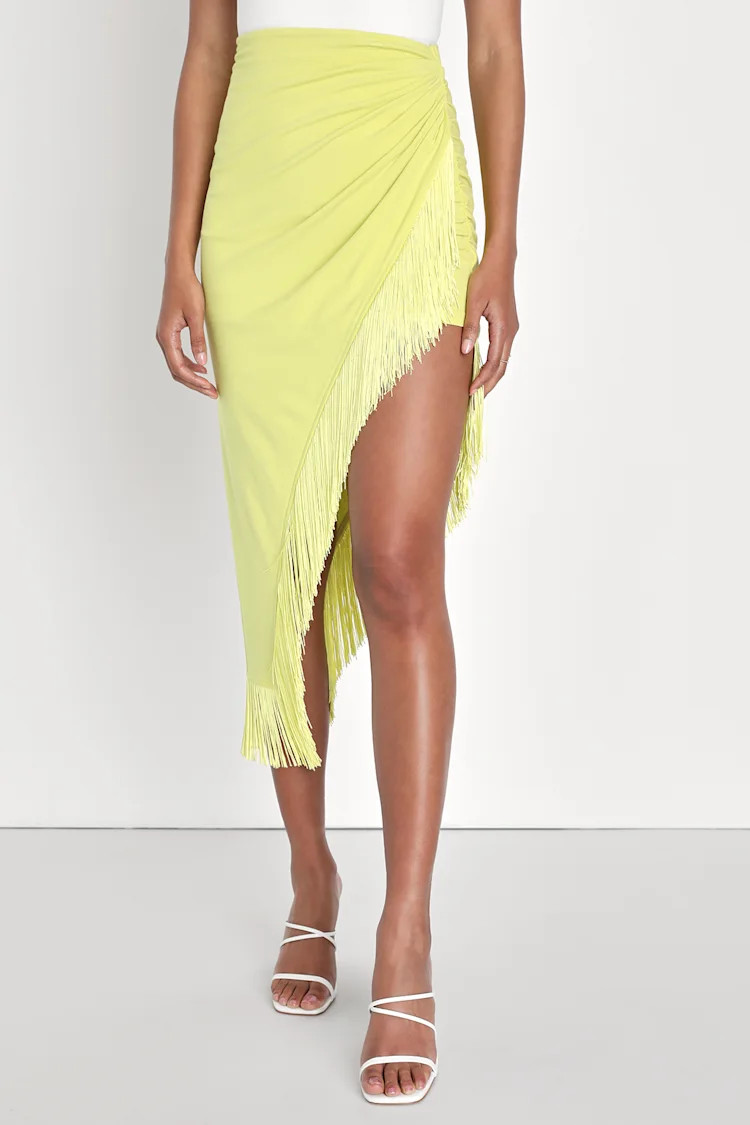 Festive Flirt Lime Green Ruched Fringe Midi Skirt | Lulus