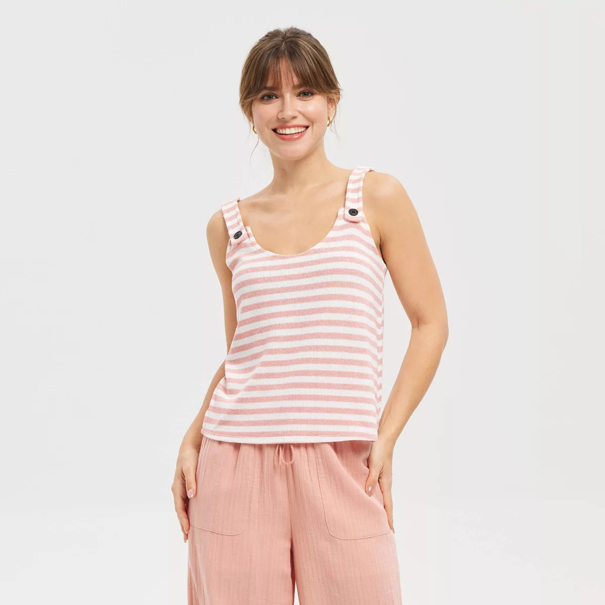 Women's Button Strap Tank Top - Universal Thread™ Pink Striped M | Target