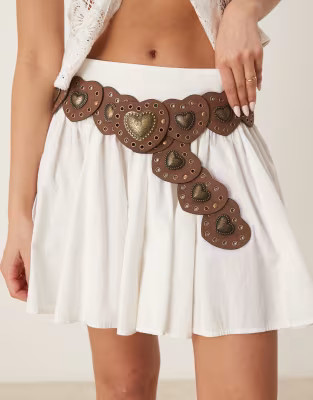 ASOS DESIGN faux suede studded heart disc detail waist and hip belt in brown | ASOS (Global)