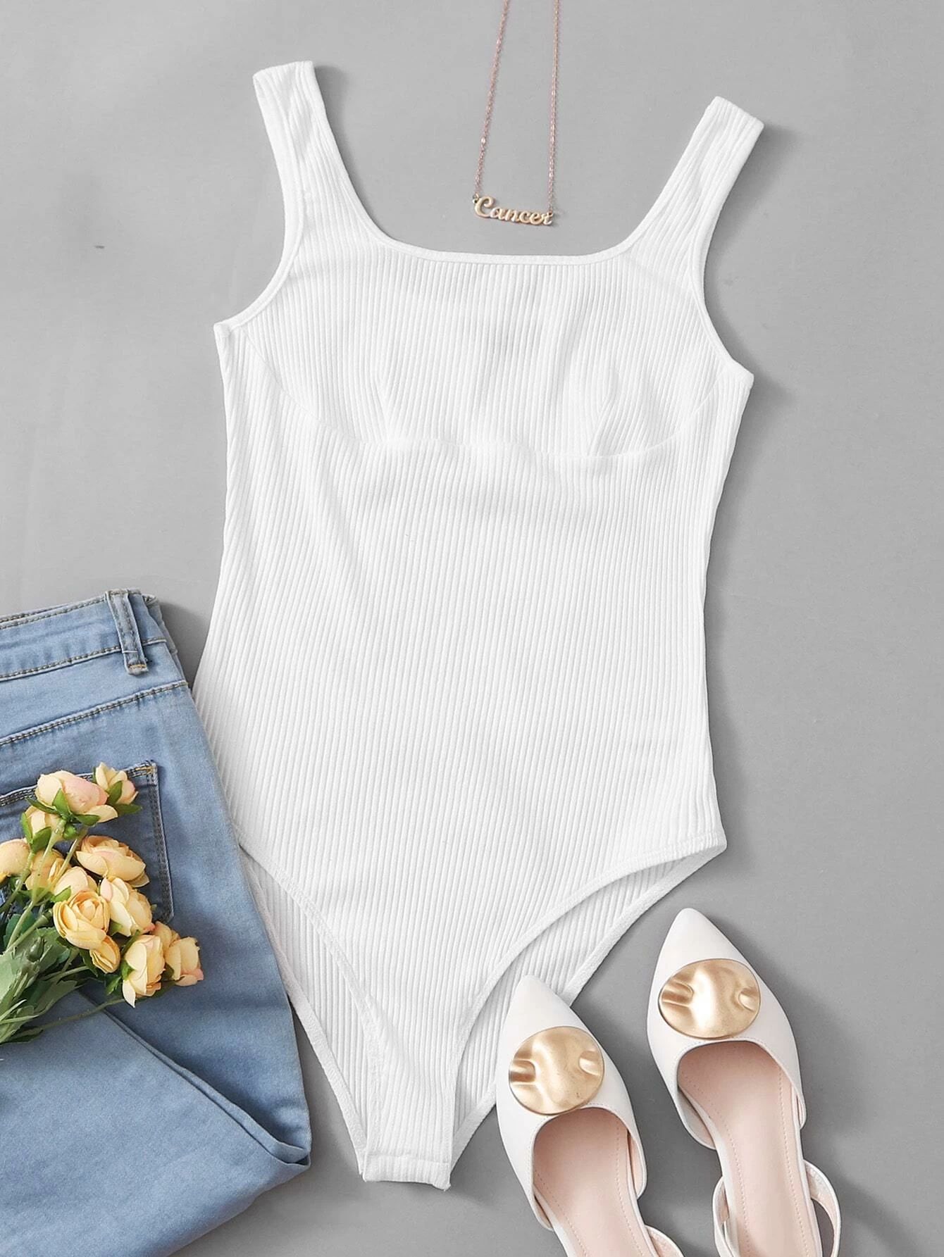 SHEIN Solid Rib-knit Tank Bodysuit | SHEIN