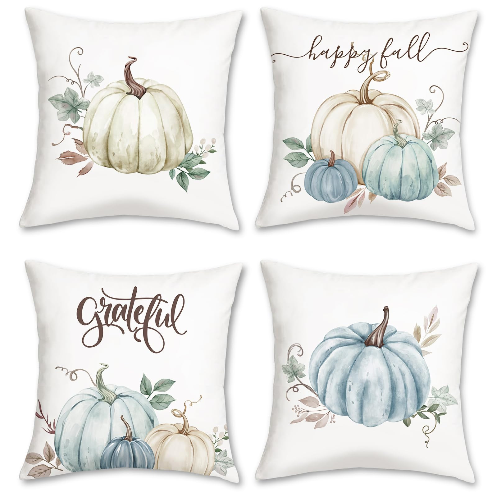 Bonhause Fall Thanksgiving Throw Pillow Covers 18 x 18 Inch Beige Blue Pumpkins Grateful Autumn Decorative Pillowcases for Sofa Couch Fall Decor Set of 4 | Amazon (US)