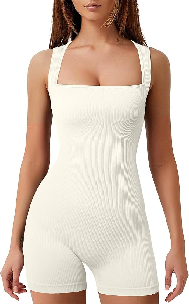 Women's Workout Seamless Romper Yoga Ribbed Bodycon One Piece Square Neck Shorts Jumpsuit | Amazon (US)