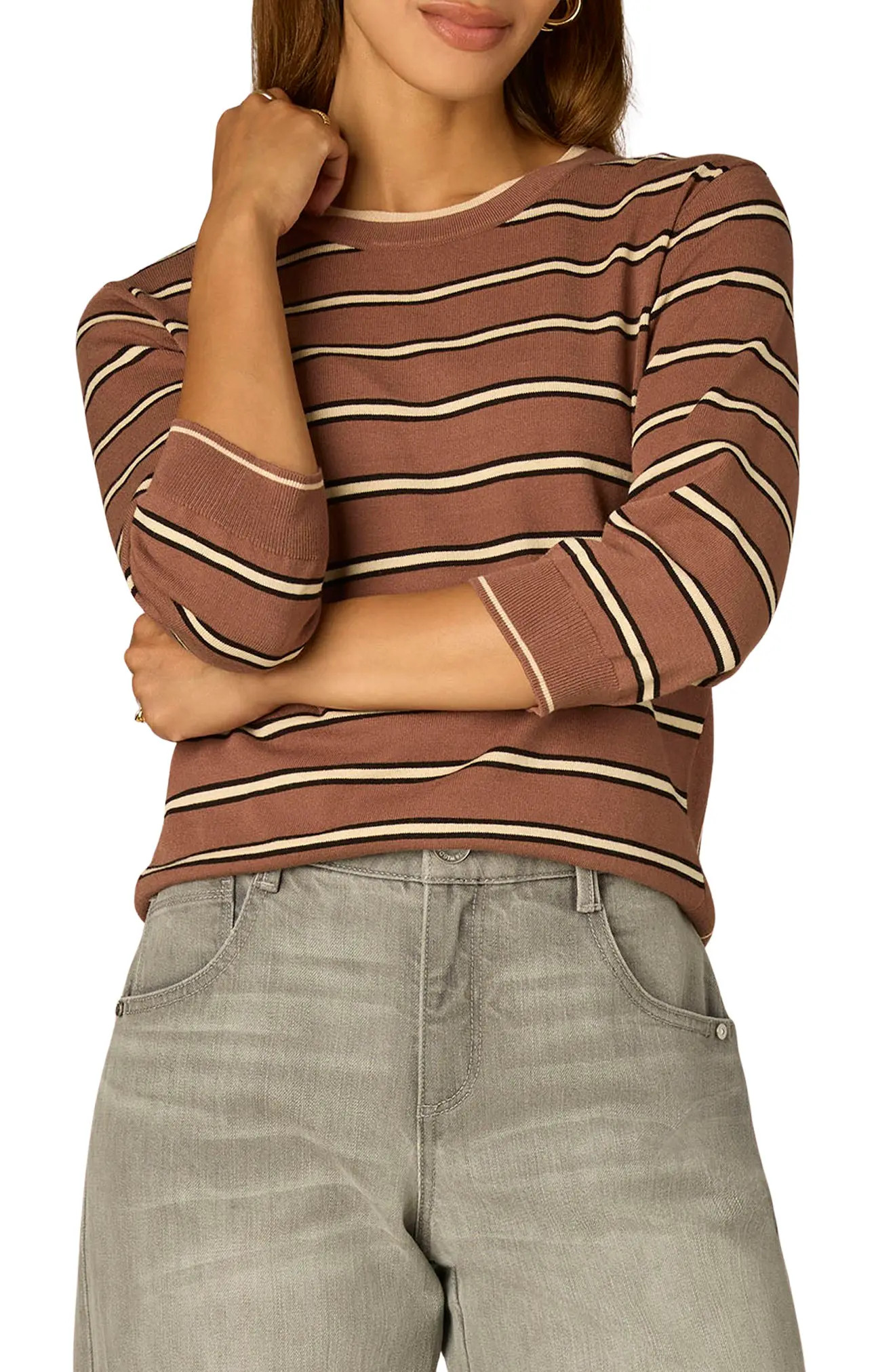 Wit & Wisdom Stripe Three Quarter Sleeve Crewneck Sweater (Women) | Nordstrom | Nordstrom