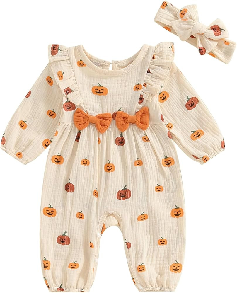 Newborn Baby Girl Halloween Outfit Cotton Linen Pumpkin Jumpsuit Romper Ruffle Sleeve Bodysuit Lo... | Amazon (US)