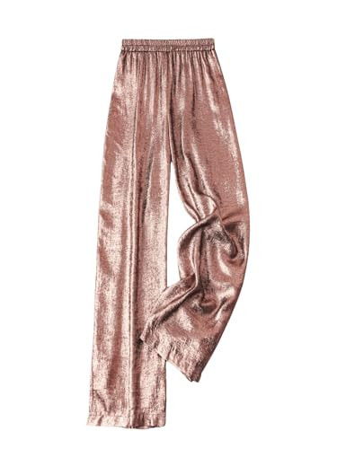 OYOANGLE Women's Metallic High Elastic Waist Straight Leg Pants Casual Party Nightout Clubwear Long Pants Light Pink X-Large | Amazon (US)