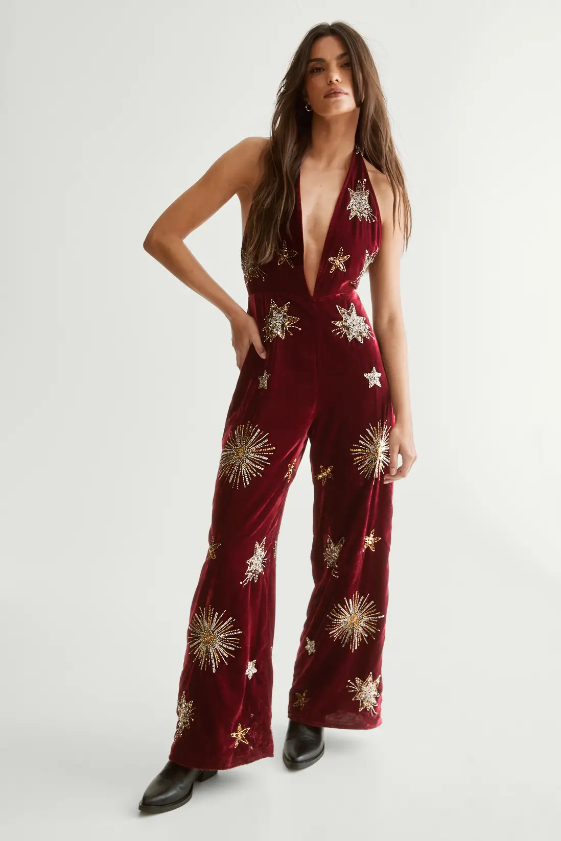 Star Embellished Velvet Halter Jumpsuit | Nasty Gal US