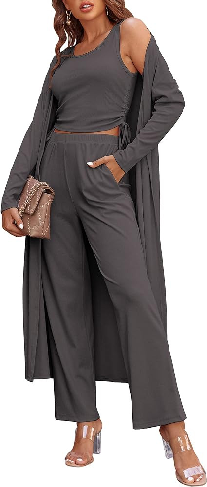 Ekouaer Women's 3 Piece Lounge Set Pajama Long Sleeve Cardigan Sleeveless Top Pants Sweatsuit S-X... | Amazon (US)