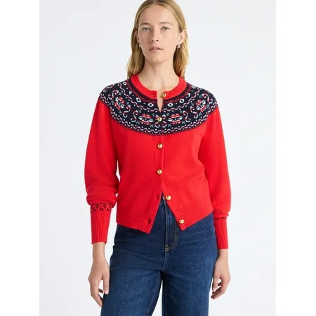 Free Assembly Women s Cozy Yarn Fair Isle Cardigan Sweater Midweight Sizes XS-XXL | Walmart (US)