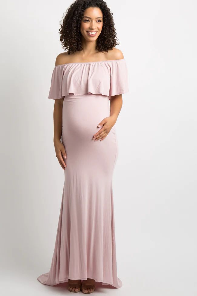 Light Pink Ruffle Off Shoulder Mermaid Maternity Photoshoot Gown/Dress | PinkBlush Maternity