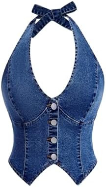 Milumia Women's Denim Halter Top Tie Backless Button Front Slim Fit Vests | Amazon (US)