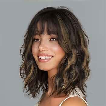 Ombre Brown with Chestnut Highlight Bob Wig with Bangs (Can Be Trimmed) Wavy Synthetic Wigs for W... | Amazon (US)
