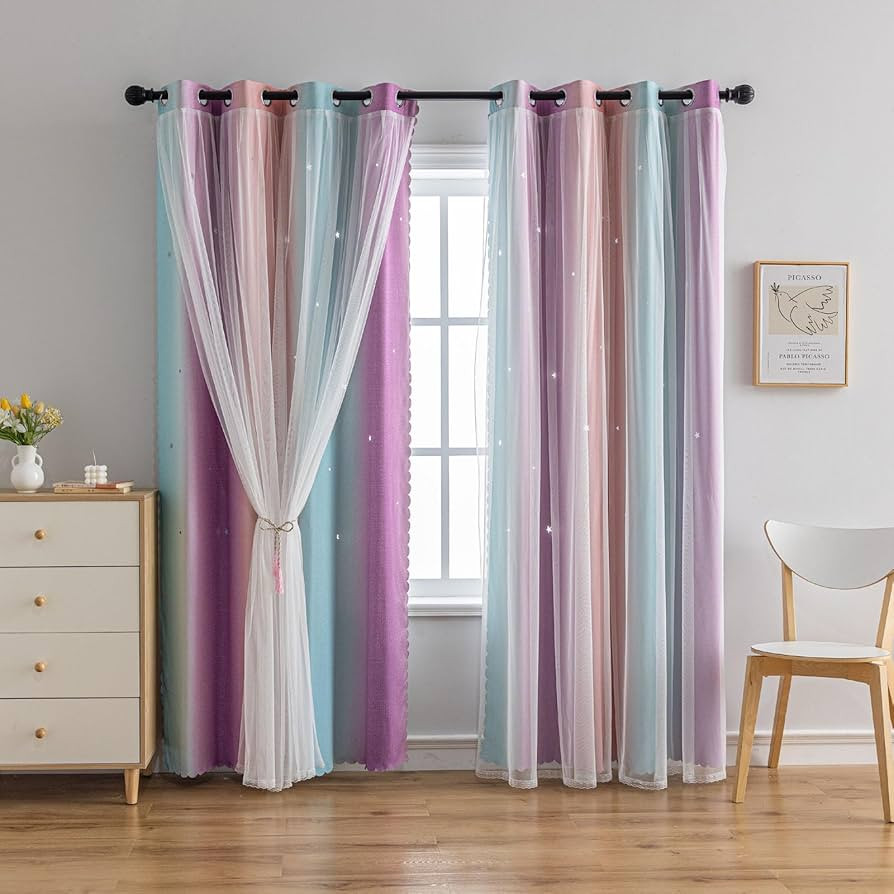 Star Girl and Kids Curtains for Bedroom Rainbow Ombre Double Layer Cute Shot Nursery Darkening Gr... | Amazon (US)