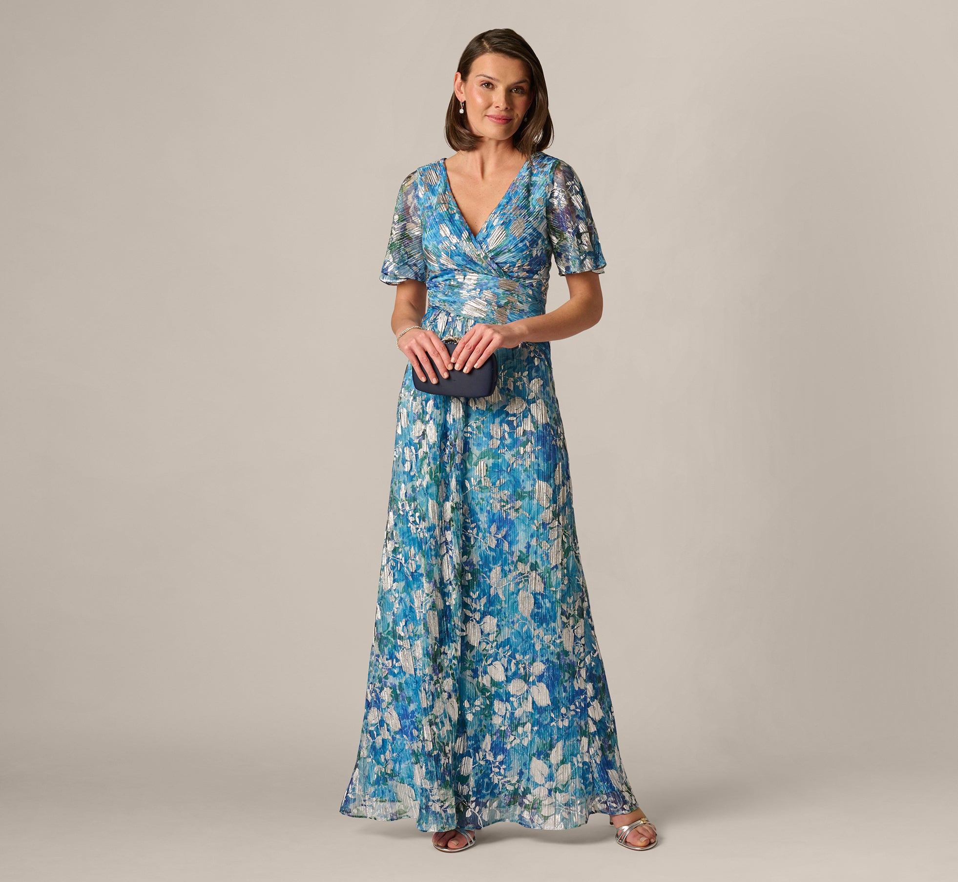 Flutter Sleeve Crinkle Foil Floral Gown In Blue Multi | Adrianna Papell