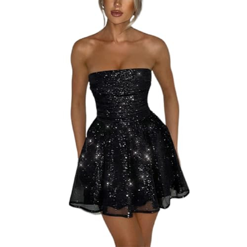 AIBEARTY Women's Sexy Glitter Off Shoulder Mini Dress Shiny Strapless Pleated A Line Dress for Pa... | Amazon (US)
