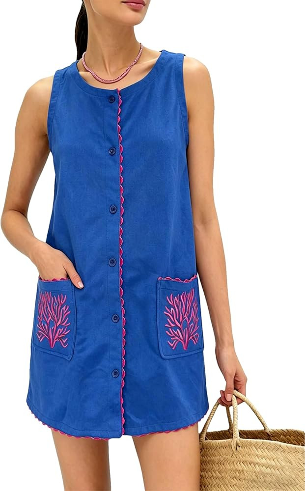 Sleeveless Mini Dress for Women Faux Suede Soft Cover Up with Button Front Summer Casual Embroide... | Amazon (US)