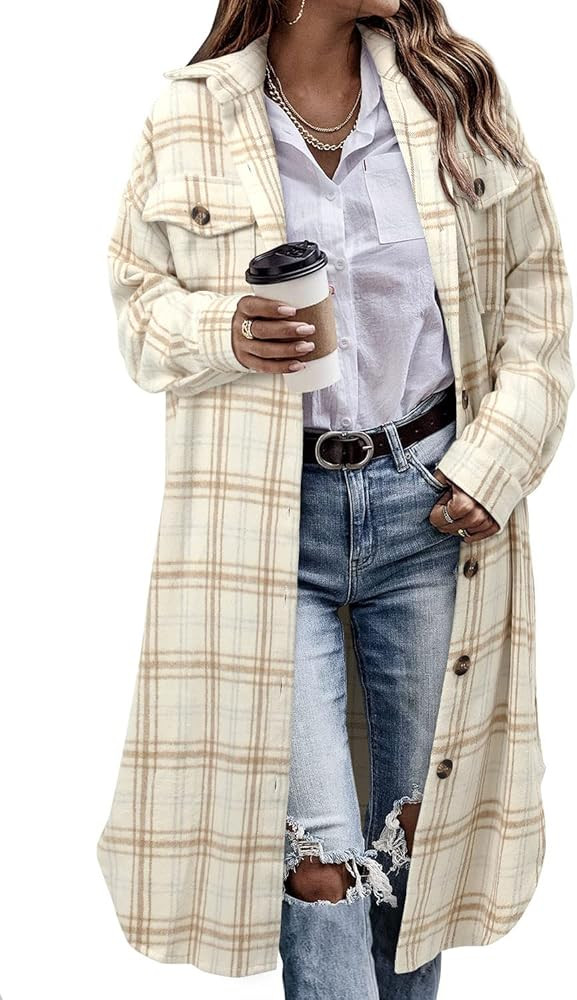 CHICZONE Womens Plaid Shacket Jacket Long Corduroy Shirt Casual Lapel Button Down Flannel Trench ... | Amazon (US)