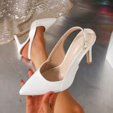Women Snakeskin Embossed Point Toe Stiletto Heeled Pumps, Elegant White Slingback Pumps | SHEIN