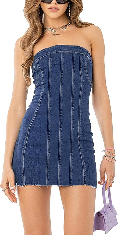 Daacee Women's Sexy Denim Strapless Dress One Piece Sleeveless Tube Top Bodycon Club Party Jean M... | Amazon (US)