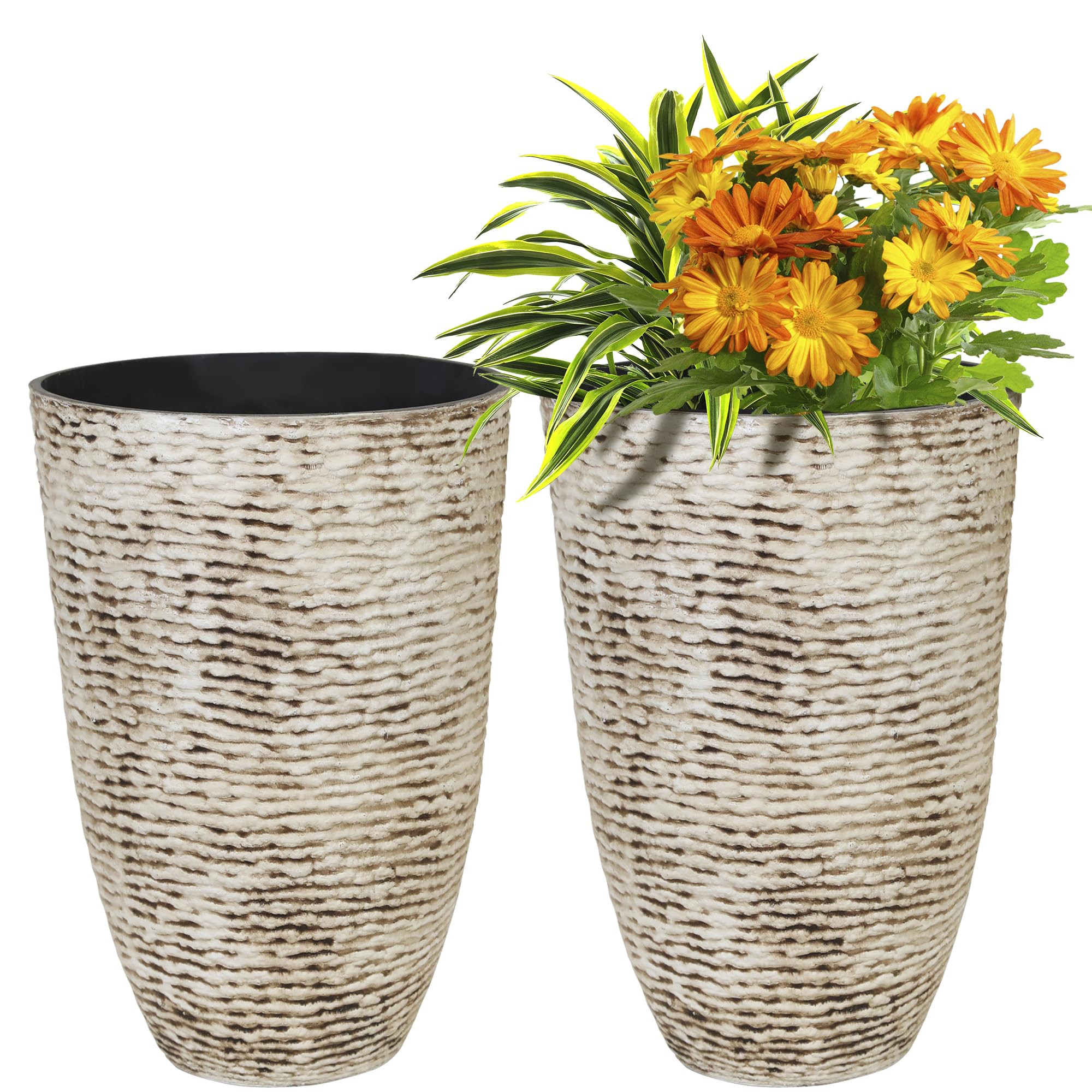 KOL 2-Pack 21in. Tall Plastic Planter - Large Round Tapered Plant Pots with Textured Finish - Bei... | Amazon (US)