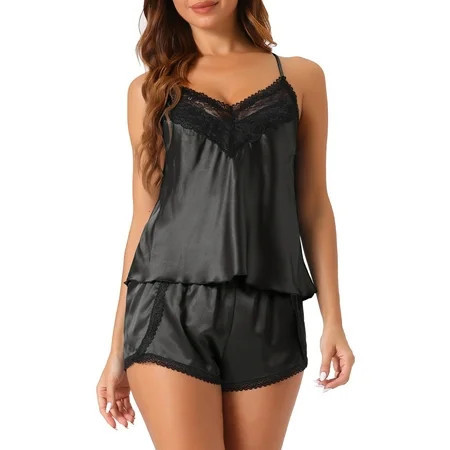 INSPIRE CHIC Women s Satin Pajama Set for Women Silk Pajamas for Women Set Camisole Top and Shorts with Lace Sleepwear S Black | Walmart (US)
