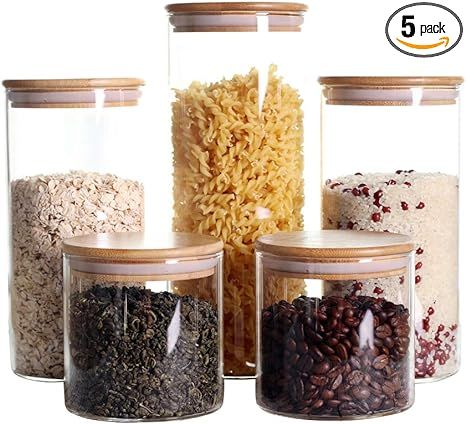 LEAVES AND TREES Y Stackable Kitchen Canisters Set, Pack of 5 Clear Glass Food Storage Jars Conta... | Amazon (US)