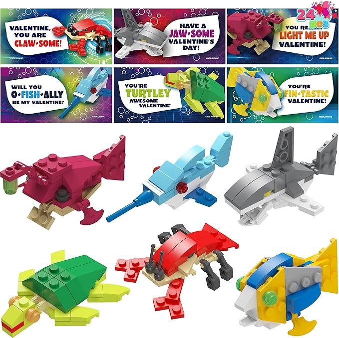 JOYIN 24 Packs Valentines Day Cards with Sea Animal Building Blocks for Gifts Party Favor, Classr... | Amazon (US)