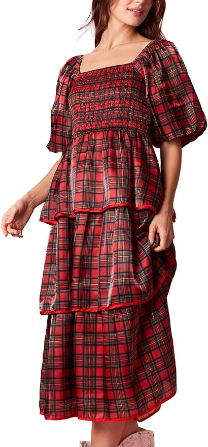 Hey Sweetie Women’s Christmas Plaid Print Silky Organza Midi Dress – Bubble Sleeve Tiered Squ... | Amazon (US)