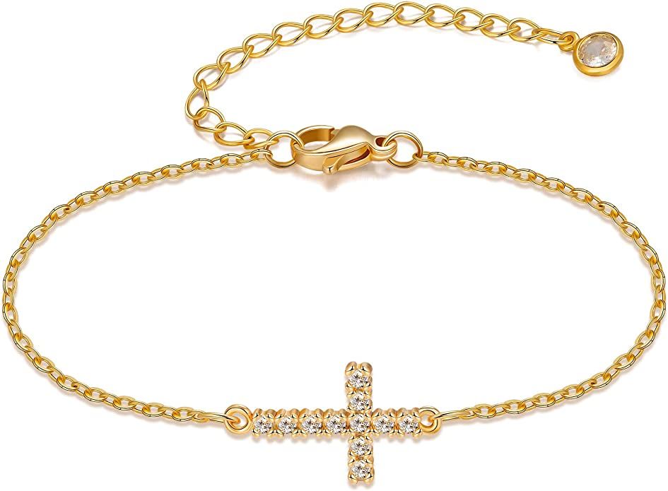 Tewiky Cross Bracelet for Women Dainty 14k Gold Cubic Zirconia Classic Tennis Bracelet Cute Gold ... | Amazon (US)
