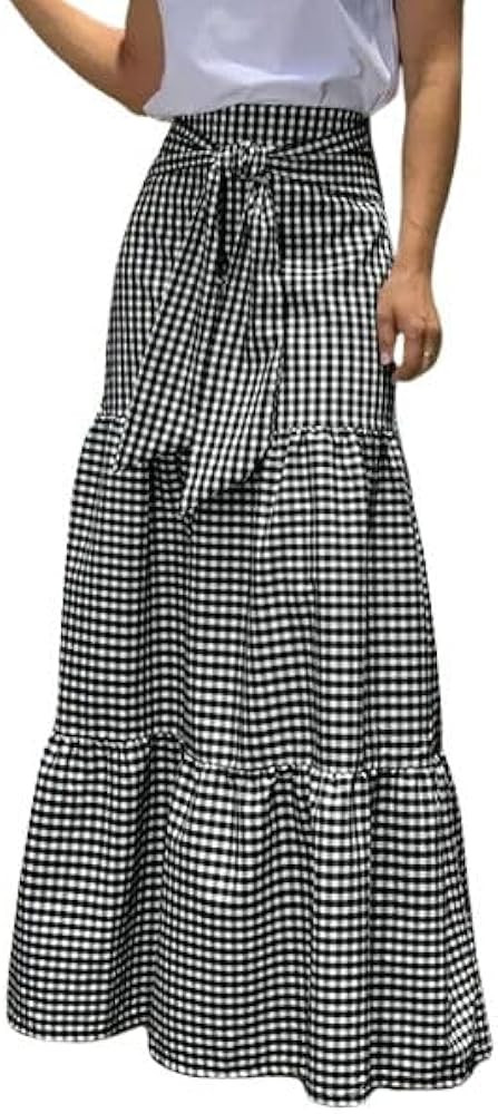 utcoco Women Summer Boho Elastic Waist Maxi Skirt Casual Plaid Tie Front Pleated A-Line Swing Tie... | Amazon (US)