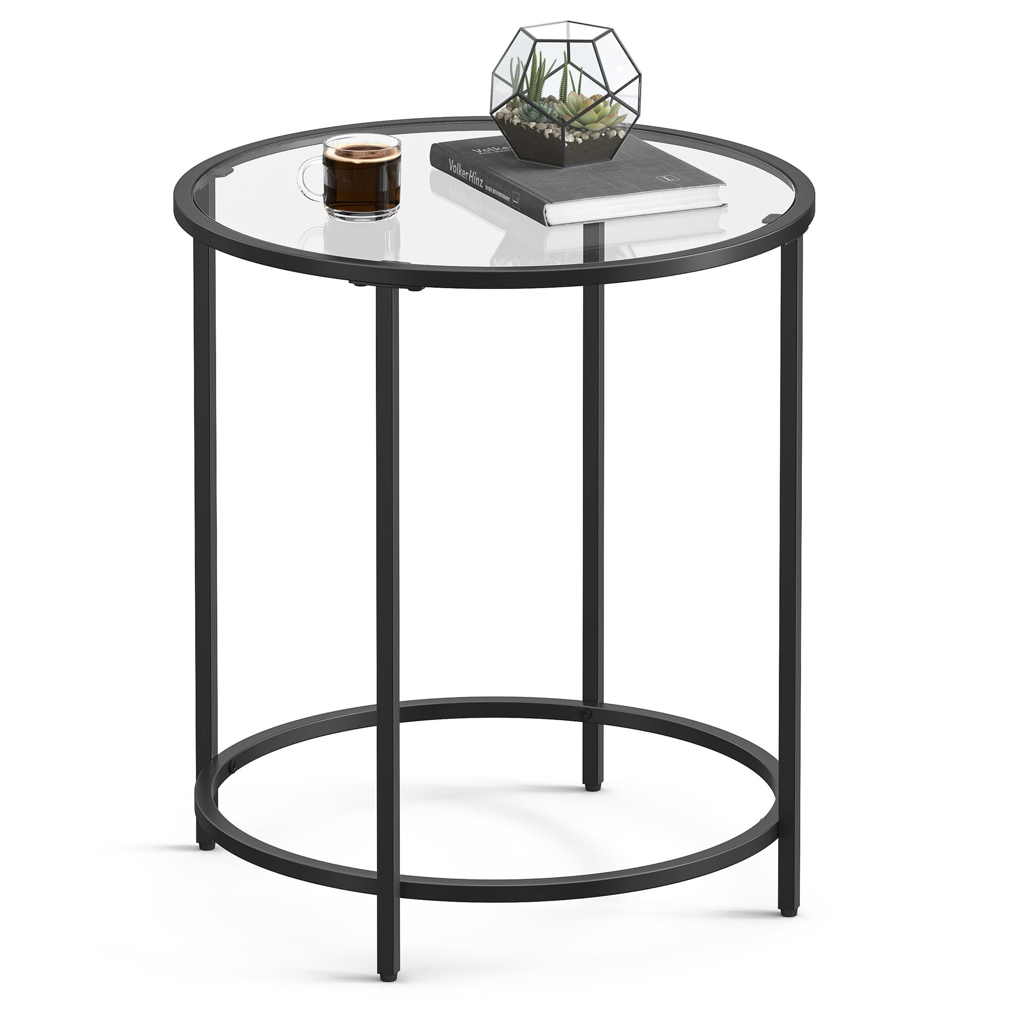 VASAGLE Round Side Table, Glass End Table with Metal Frame, Black Coffee Table with Modern Style,... | Amazon (US)