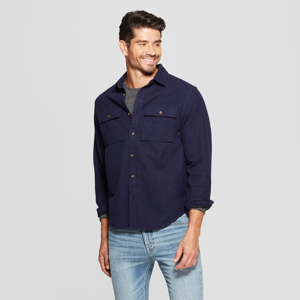 Men's Long Sleeve Pocket Flannel Button-Down Shirt - Goodfellow & Co Xavier Navy S, Xavier Blue | Target