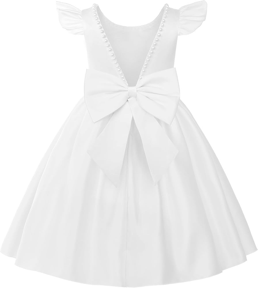 Uhnice Flower Girl Satin Dress with Pearls Flutter Sleeves V Back Gown with Removable Bow for Wed... | Amazon (US)