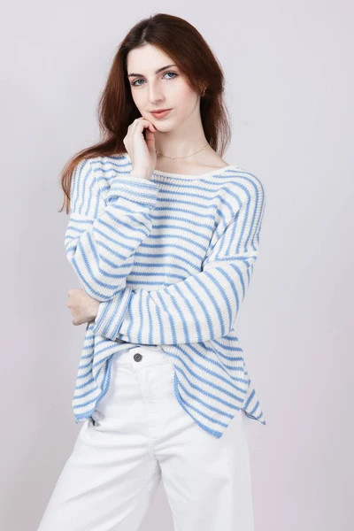 Miracle Lightweight Gauge Stripe Sweater for Women in Cream/Light Blue | Glik's