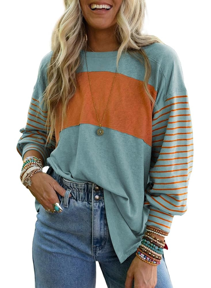 Dokotoo Long Sleeve Tops Oversized 2025 Trendy Round Crew Neck Casual Color Block Womens Shirts B... | Amazon (US)