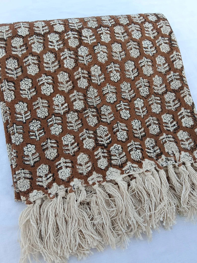 Sofa Décor Room Décor Handmade Throw Handblock print Throw Soft Cotton Throw Blanket  Tassels H... | Etsy (US)