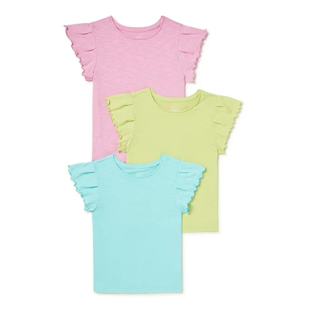 Wonder Nation Girls Ruffle Sleeve Kid Tough Slub T-Shirts, 3-Pack, Sizes 4-18 & Plus - Walmart.co... | Walmart (US)