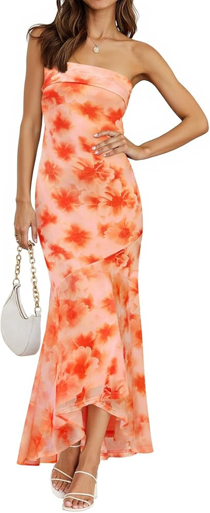 MEROKEETY Women's Summer Strapless Floral Maxi Dress 2026 Bodycon Mesh Wedding Guest Cocktail Par... | Amazon (US)