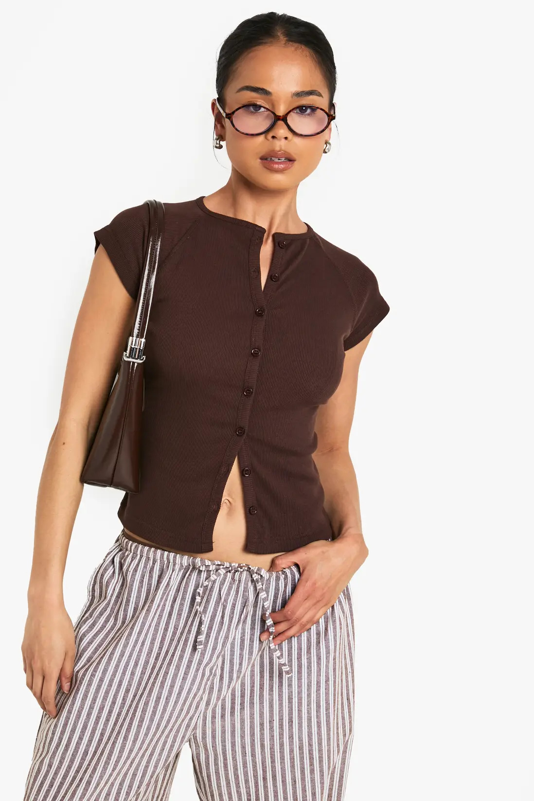 Chocolate Rib Button Through Cap Sleeve Top | Boohoo | Boohoo.com (UK & IE)