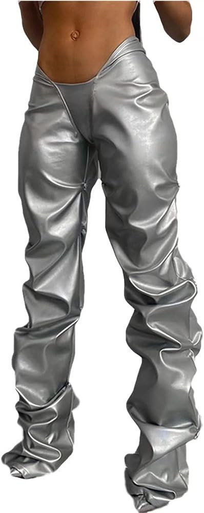 LROSEY Women's Metallic Pants Hipster Faux PU Leather V Waist Stacked Trousers | Amazon (US)