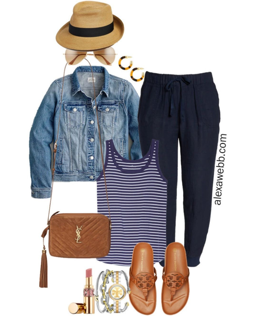 Plus Size Navy Linen Joggers with a straw fedora, navy striped tank top, denim jacket, Tory Burch Miller Cloud sandals, and Crossbody Bag - Alexa Webb

#LTKStyleTip #LTKSeasonal #LTKPlusSize