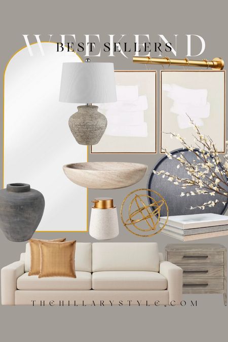 Weekend Best Sellers Home: Arch Mirror, Cream Sofa, Lamp, Modern Wall Art, Throw Pillows, Side Table, Soap Dispensers, Coffee Table Books, Faux Florals.

#LTKhome #LTKMostLoved #LTKSeasonal