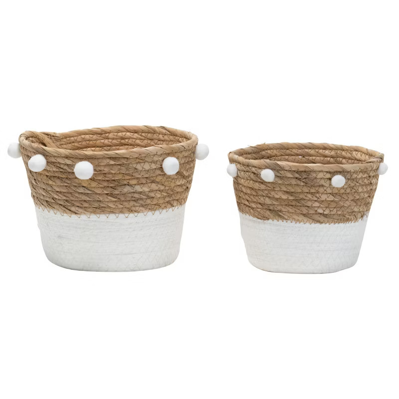 Set of 2 Natural Cattail Decorative Storage Baskets with Pom Poms - Foreside Home & Garden | Target