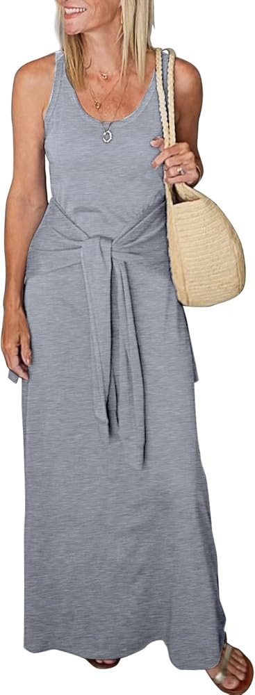 Womens Summer Casual Sleeveless Maxi Dress Slim Fit Tie Waist Tank Long Dresses 2025 Vacation Sun... | Amazon (US)