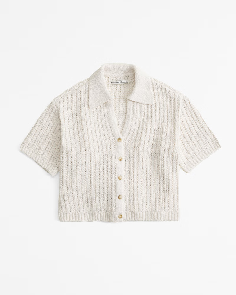 Abercrombie & Fitch Women's Crochet-Style Short-Sleeve Collared Cardigan in Cream - Size XS | Abercrombie & Fitch (US)