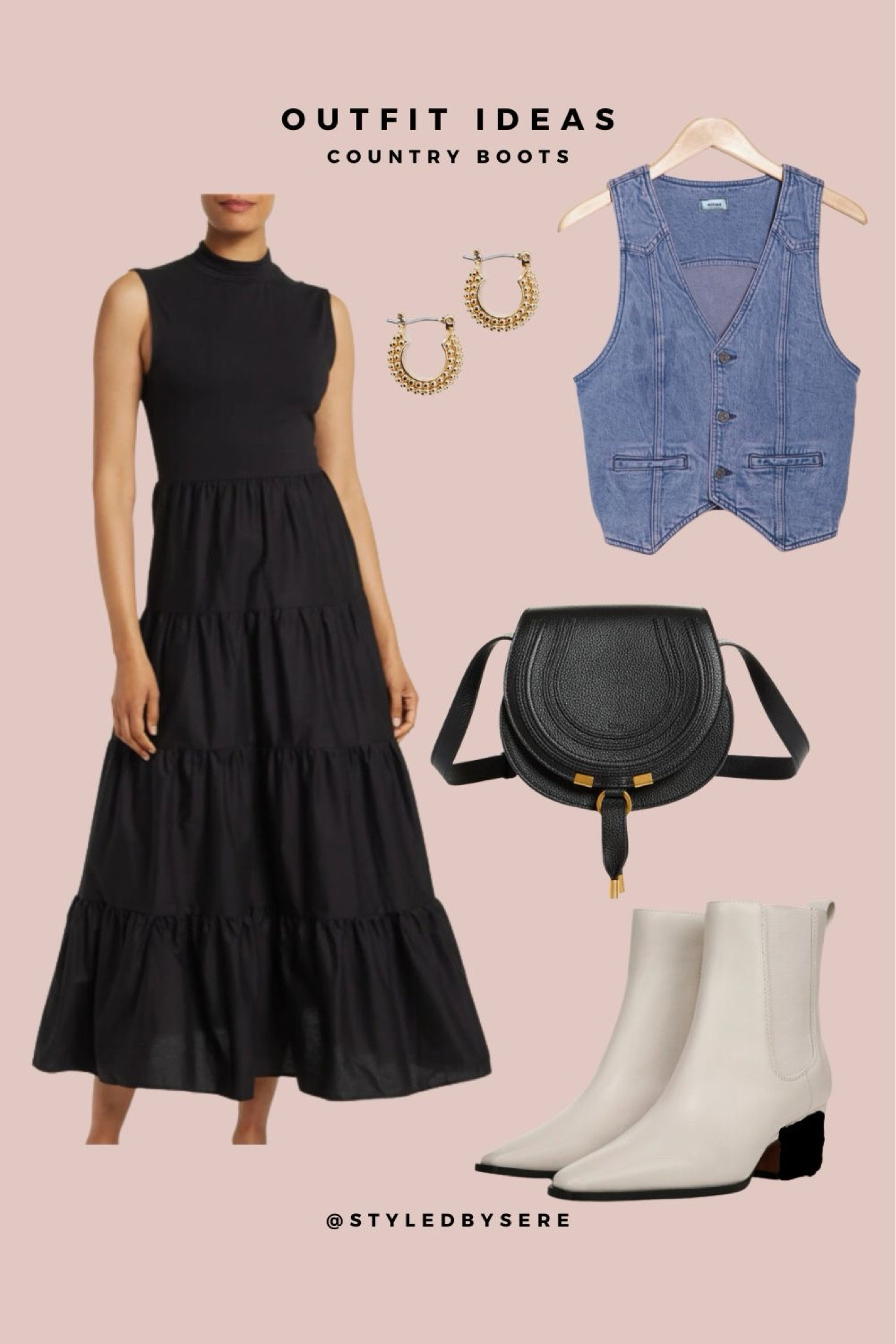 Country Boots: Best Vests
.

Take on some trends with this cool girl look at your next country concert or night on the farm. Start with a tiered prairie skirt. Add an on-trend denim vest over (opened or buttoned up, depending on preference and style). A saddle bag, beaded hoop earrings, and your classic boots complete the look.

#LTKParties #LTKSummerSales #LTKShoeCrush